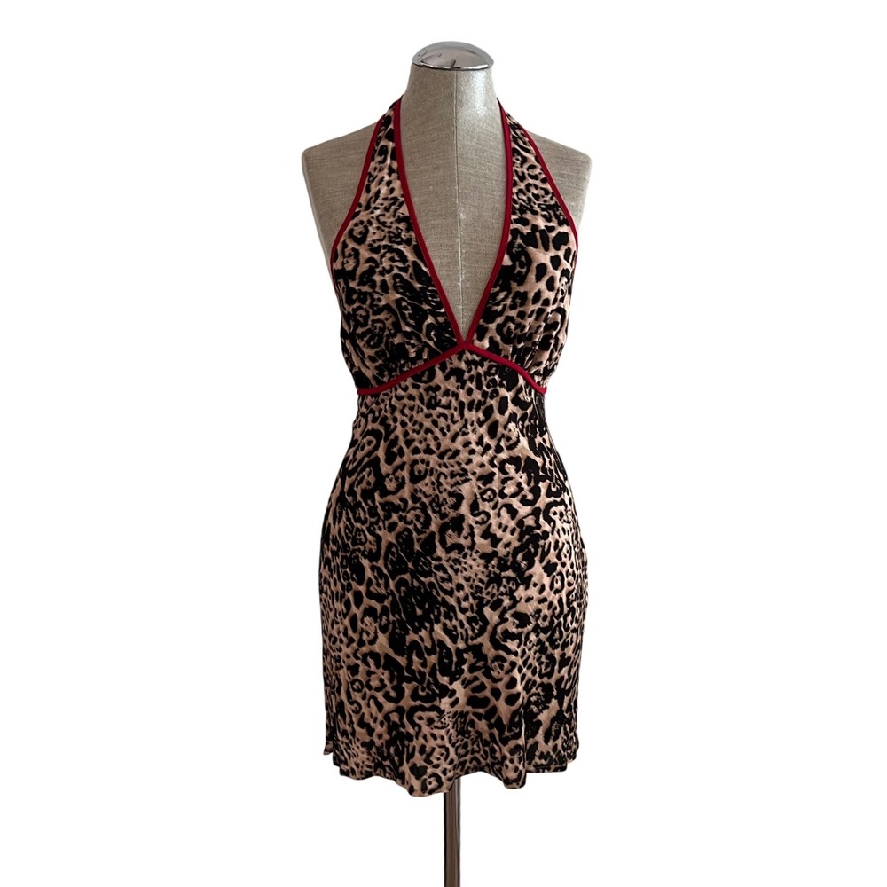 Princess Polly Leopard Print Plunge Halter Mini Dress Red Trim US 4 NWT
